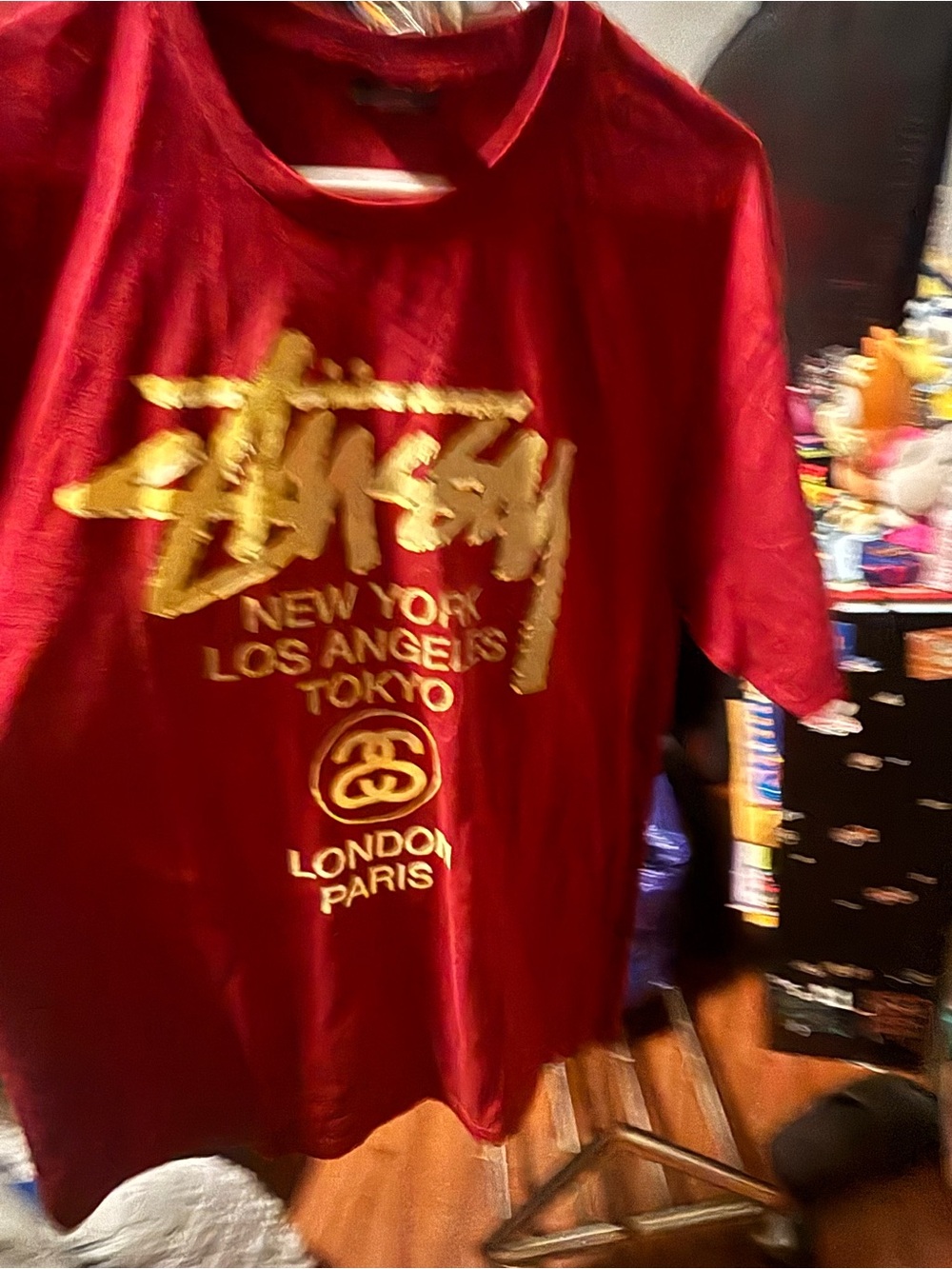 Stussy Red Tee with Gold Script Logo